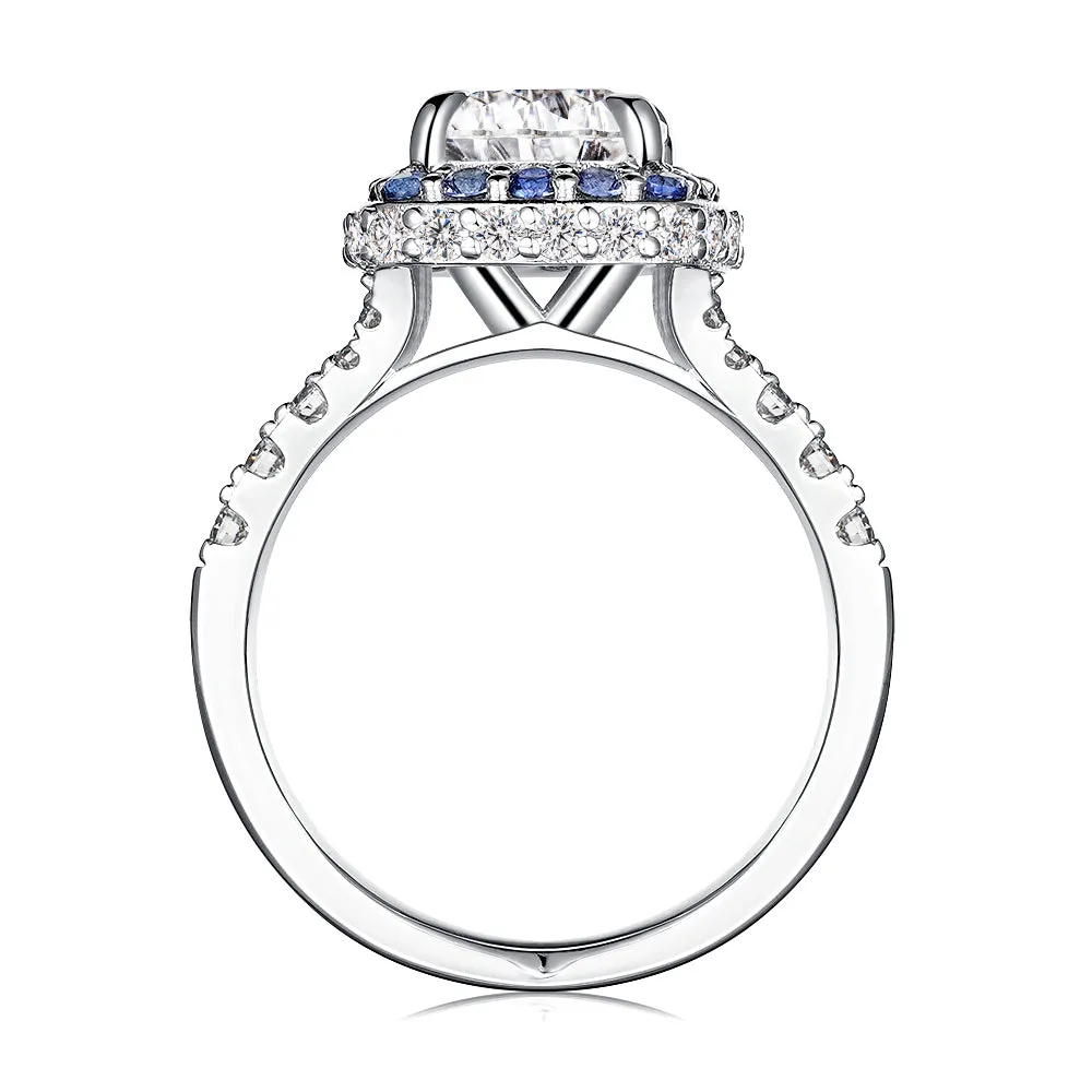 2 CT. Double Sapphire Halo Cushion Cut Moissanite Engagement Ring With Split Band