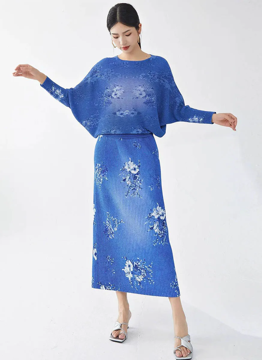 9240006 Floral Printed Pleats Top & Skirt Set *Blue