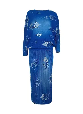 9240006 Floral Printed Pleats Top & Skirt Set *Blue