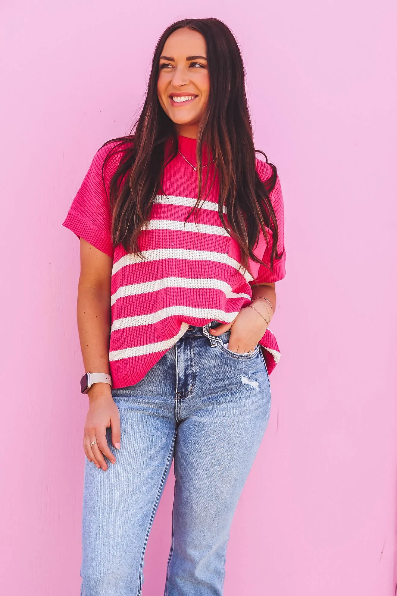 Bailey Striped Knit Top-Pink