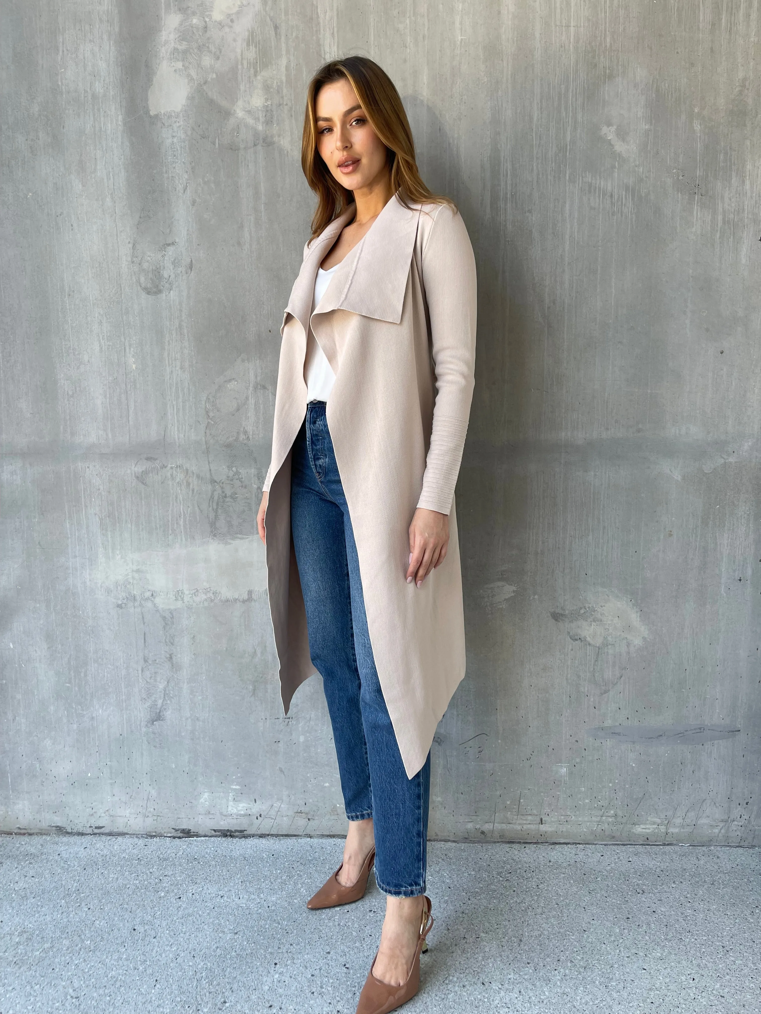 Blakely Beige Drape Tie Waist Long Cardigan