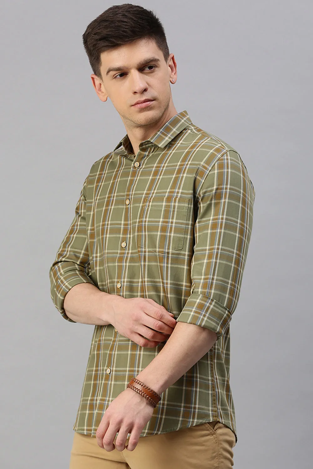 Classic Polo Men's Cotton Full Sleeve Checked Slim Fit Polo Neck Green Color Woven Shirt | So1-161 B