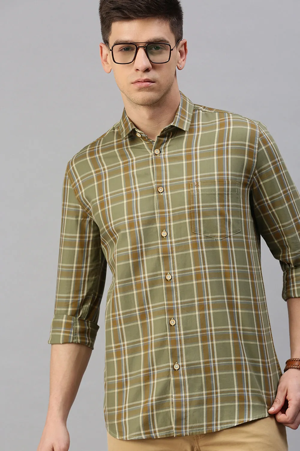 Classic Polo Men's Cotton Full Sleeve Checked Slim Fit Polo Neck Green Color Woven Shirt | So1-161 B