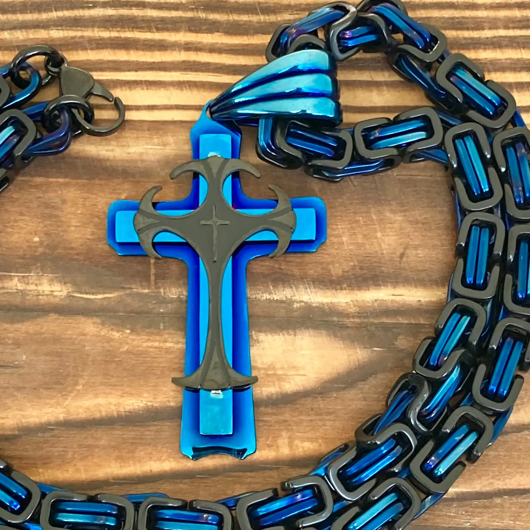 Cross - Risen Cross Blue & Black Pendant - Necklace - PEN821