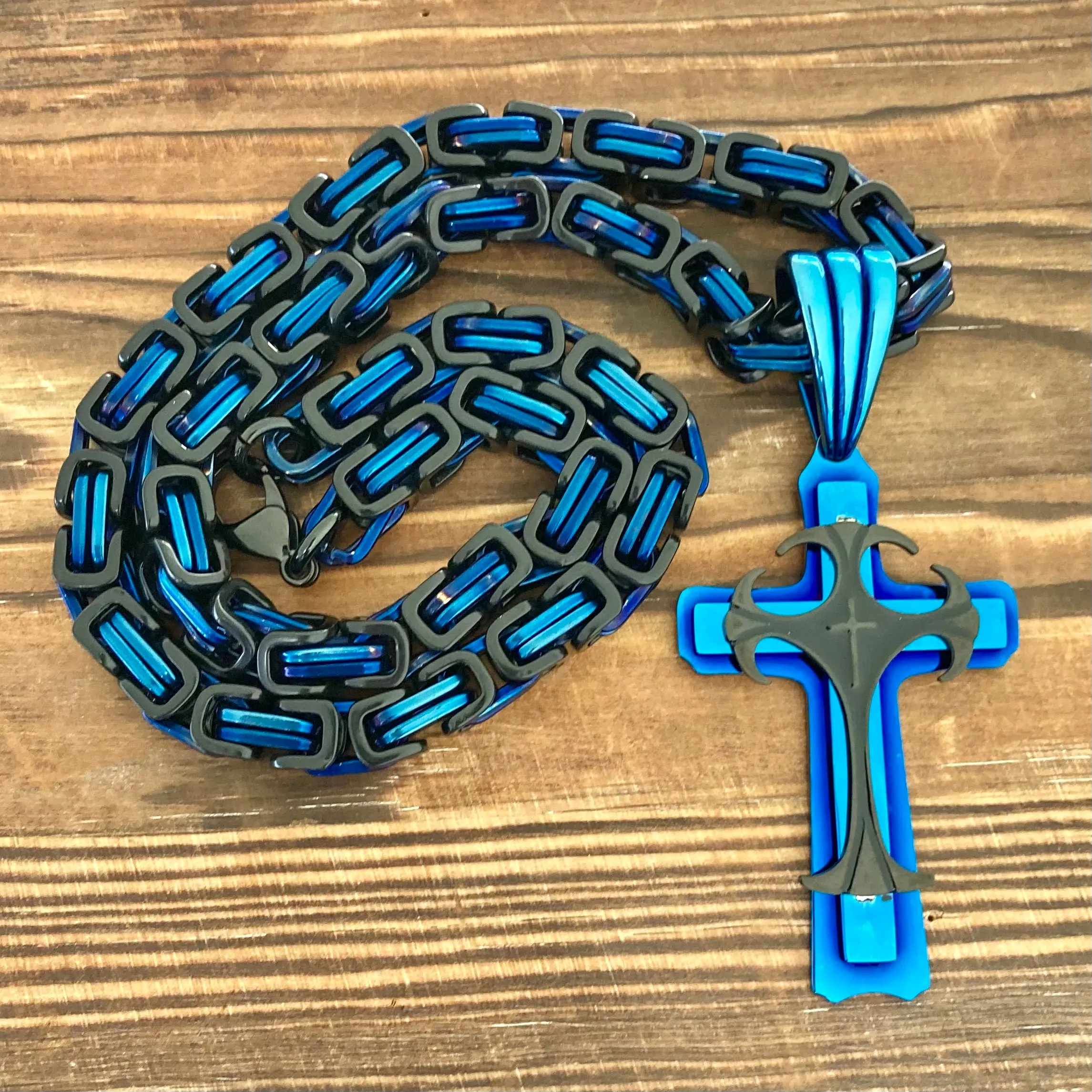 Cross - Risen Cross Blue & Black Pendant - Necklace - PEN821