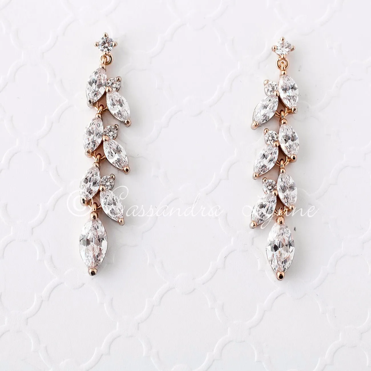 CZ Wedding Earrings with a Marquise Vine Design