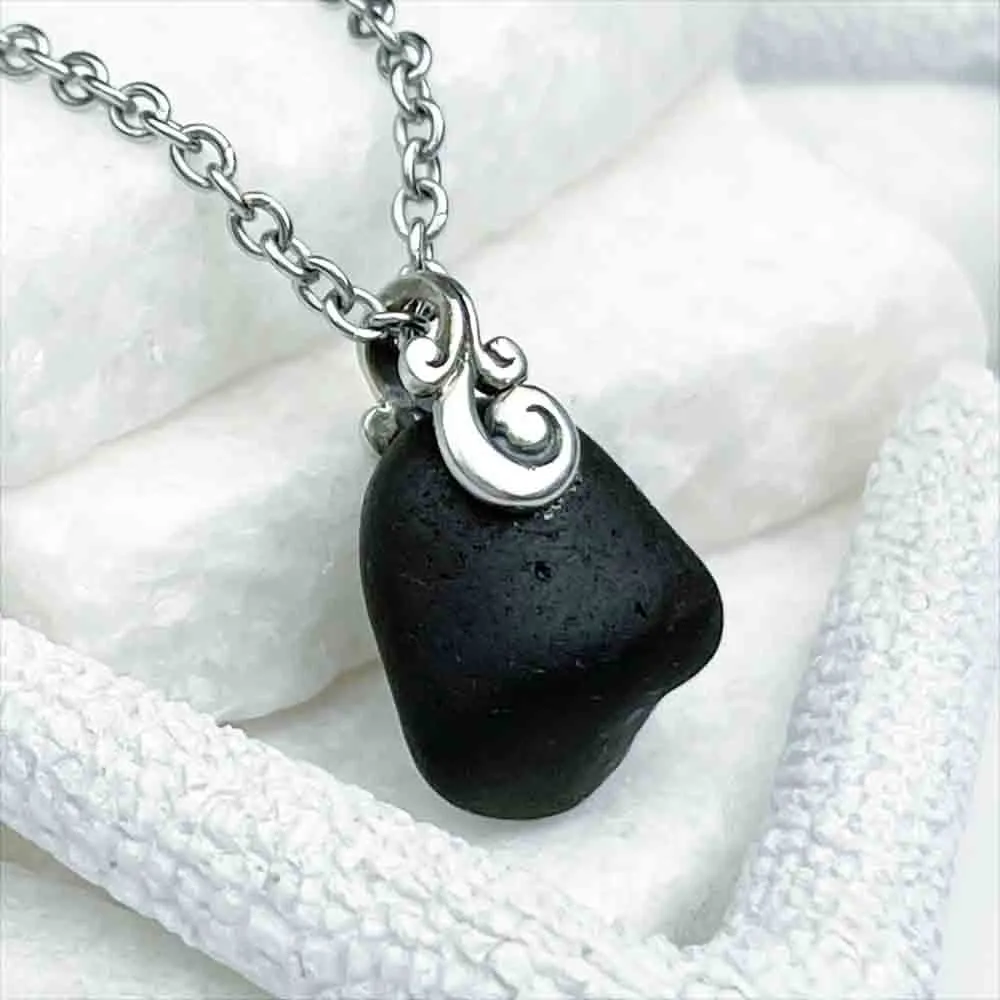 Dark Black Ocean Waves Sea Glass Pendant | #5168