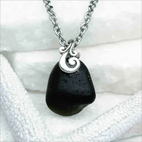 Dark Black Ocean Waves Sea Glass Pendant | #5168