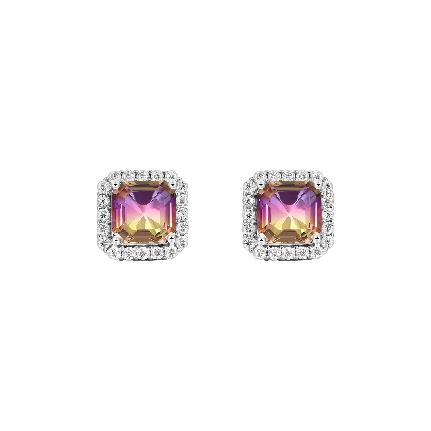 Emerald-Cut Gradient Tourmaline Halo Stud Earring