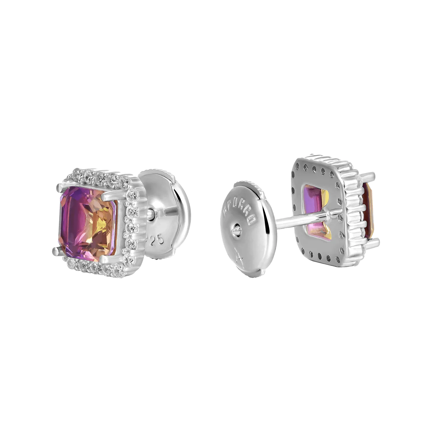 Emerald-Cut Gradient Tourmaline Halo Stud Earring