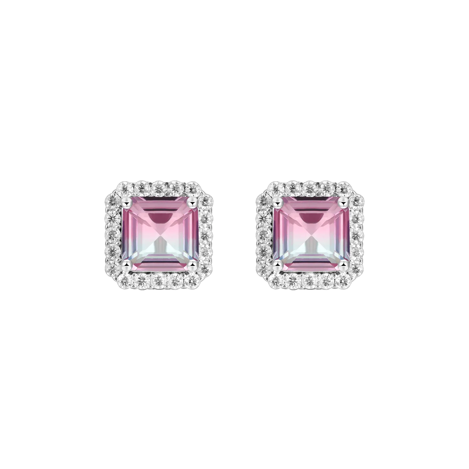 Emerald-Cut Gradient Tourmaline Halo Stud Earring