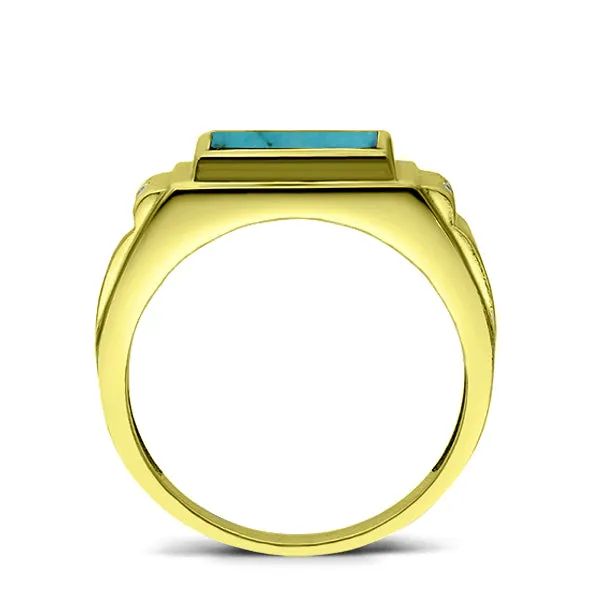 Genuine Turquoise and Diamonds Solid 10K Yellow Gold Ring for Men