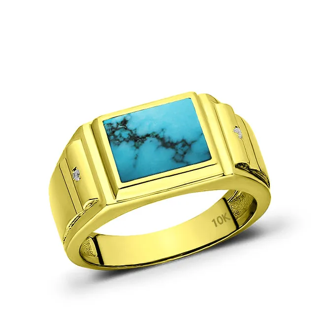 Genuine Turquoise and Diamonds Solid 10K Yellow Gold Ring for Men