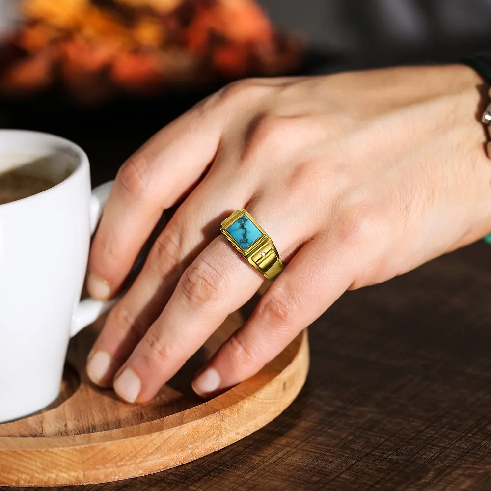 Genuine Turquoise and Diamonds Solid 10K Yellow Gold Ring for Men