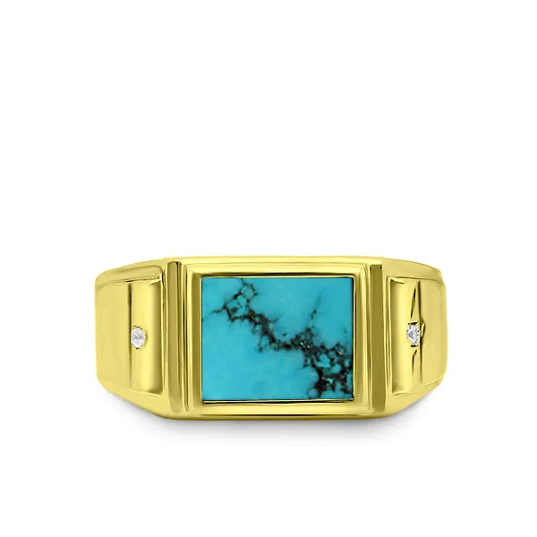 Genuine Turquoise and Diamonds Solid 10K Yellow Gold Ring for Men