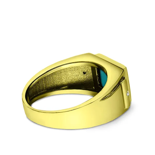 Genuine Turquoise and Diamonds Solid 10K Yellow Gold Ring for Men