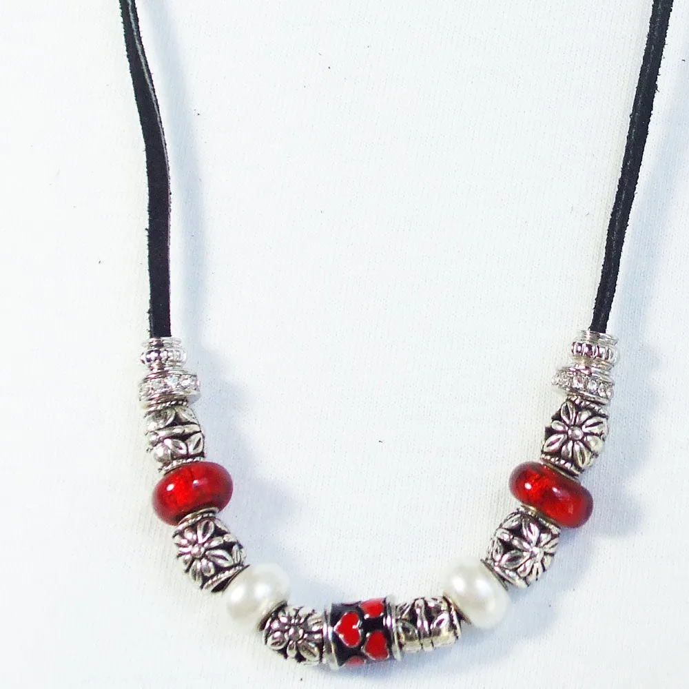 Heltu, Red, Silver on Black Leather Cord Necklace