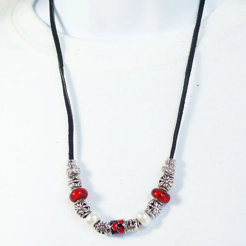 Heltu, Red, Silver on Black Leather Cord Necklace