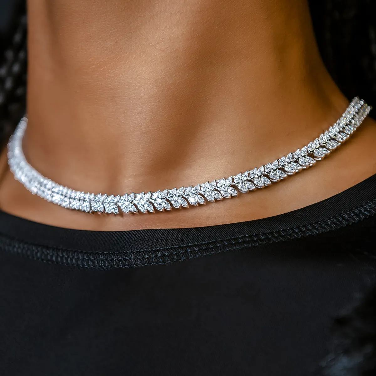 Iced Herringbone Necklace in White Gold