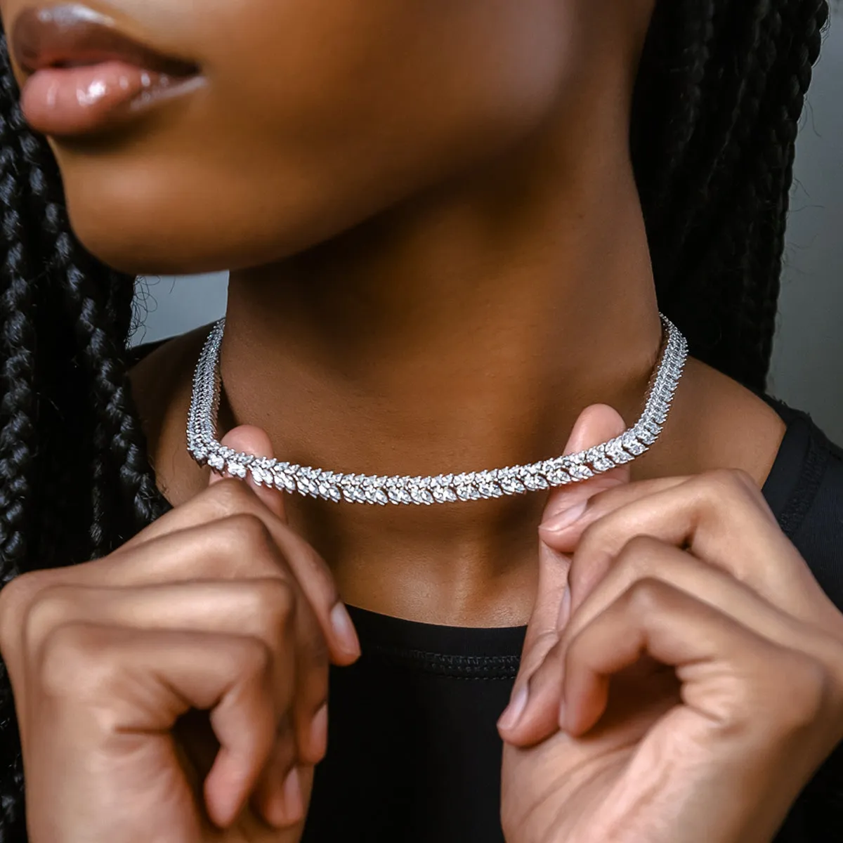 Iced Herringbone Necklace in White Gold