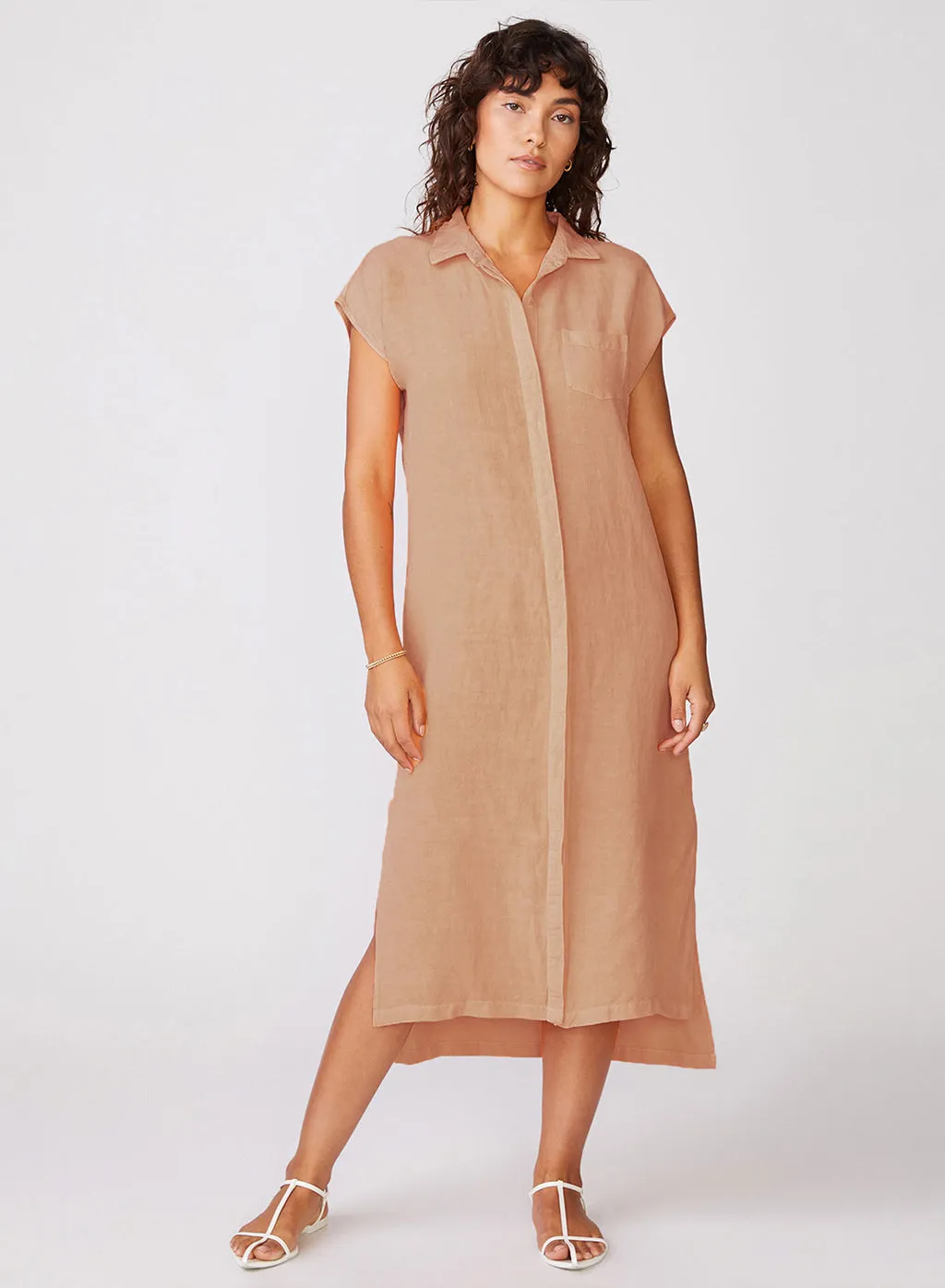 Linen Short Sleeve Maxi Shirt Dress in Cafe