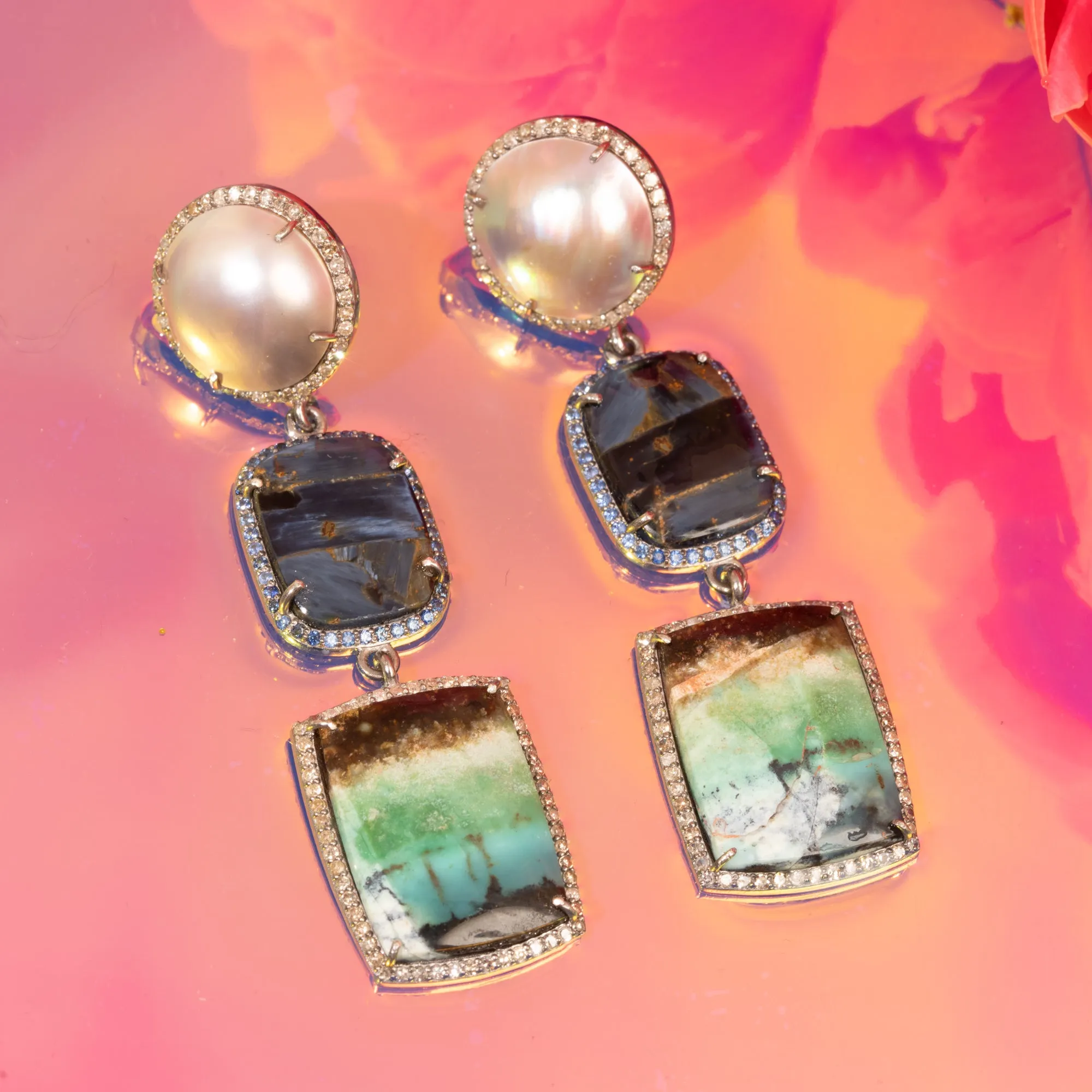 Mabe Pearl set in Silver and Diamonds, Pietersite set in Silver and Sapphire, and Petrified Opal set in Silver and Diamonds Earrings