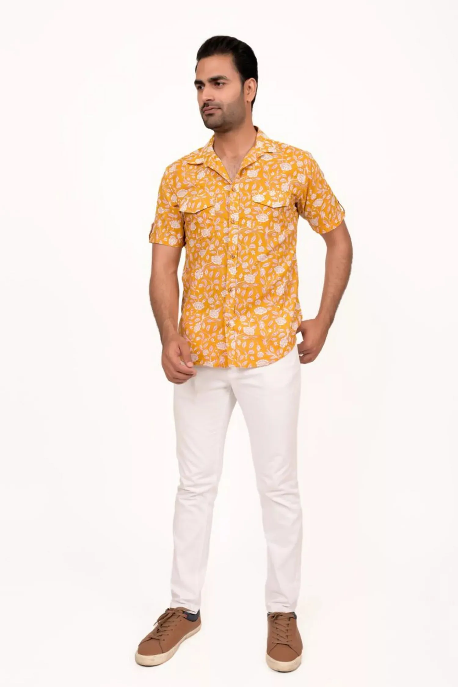 Mango Yellow Printed Half Sleeve Shirt