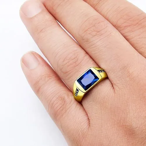 Men's Sapphire Ring in REAL 14k Yellow Fine Solid Gold