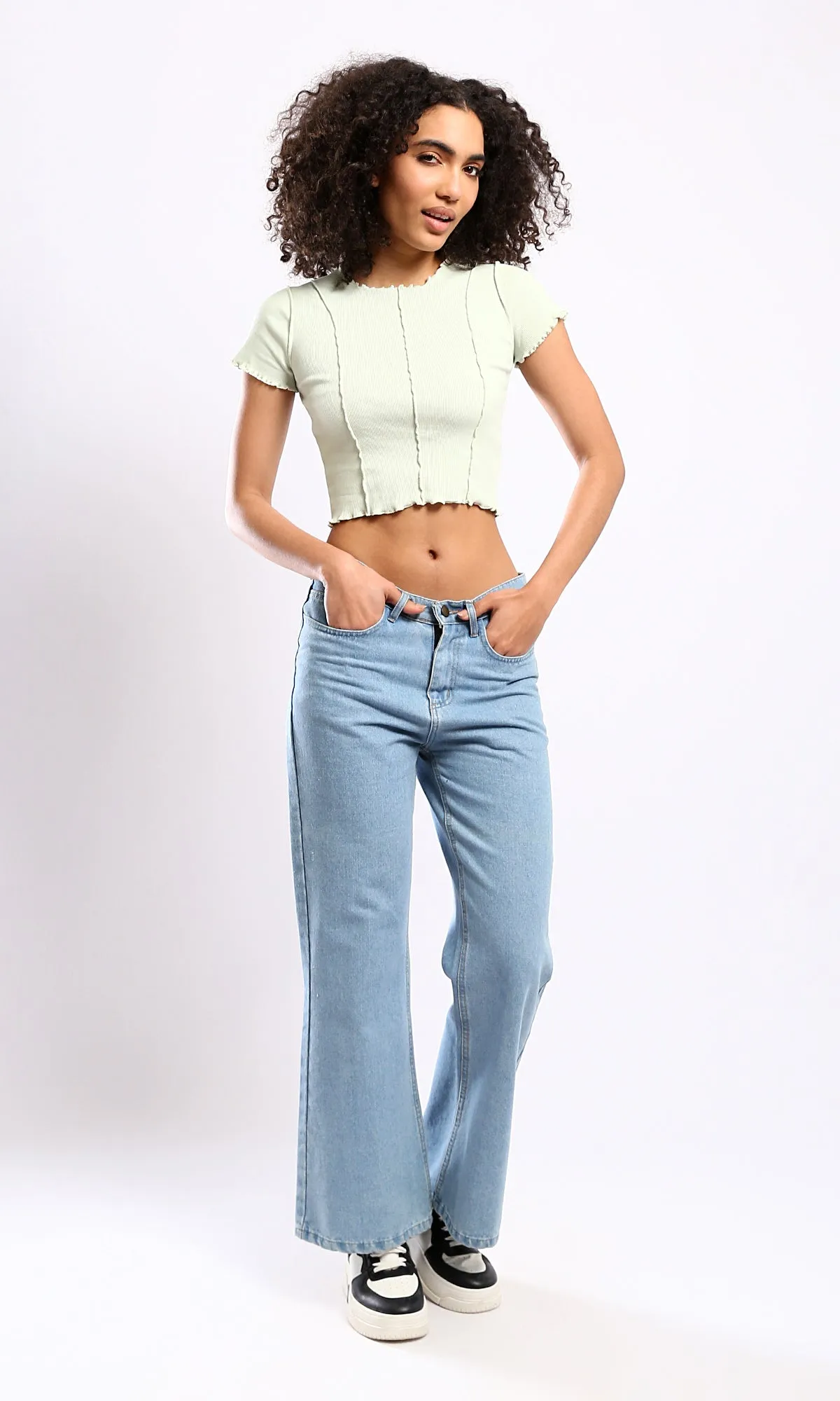 O182021 Slip On Ribbed Pastel Green Cropped Top