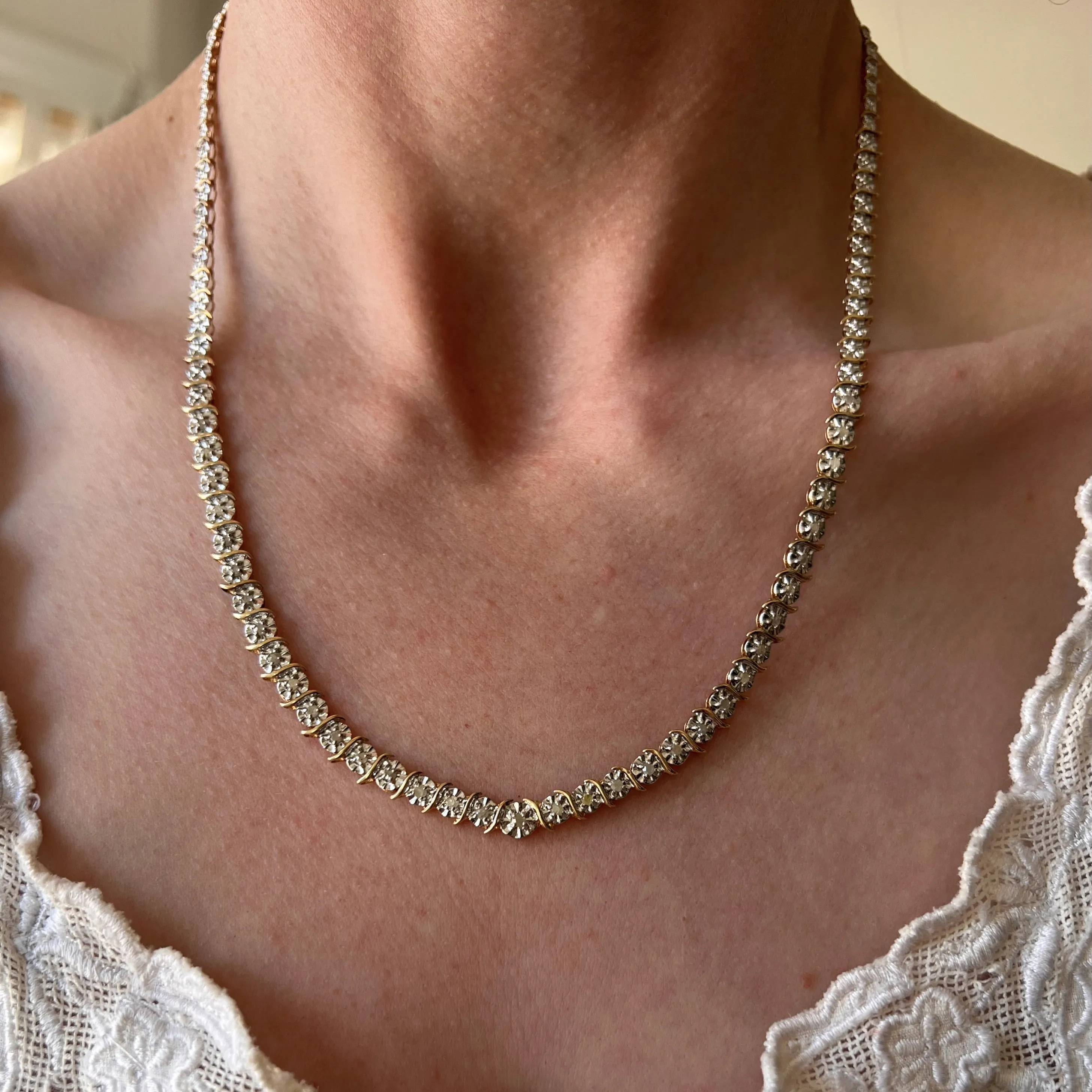 P R E - L O V E D // daisy book chain / 10k yellow and white gold diamond tennis necklace / 19.5, 15g