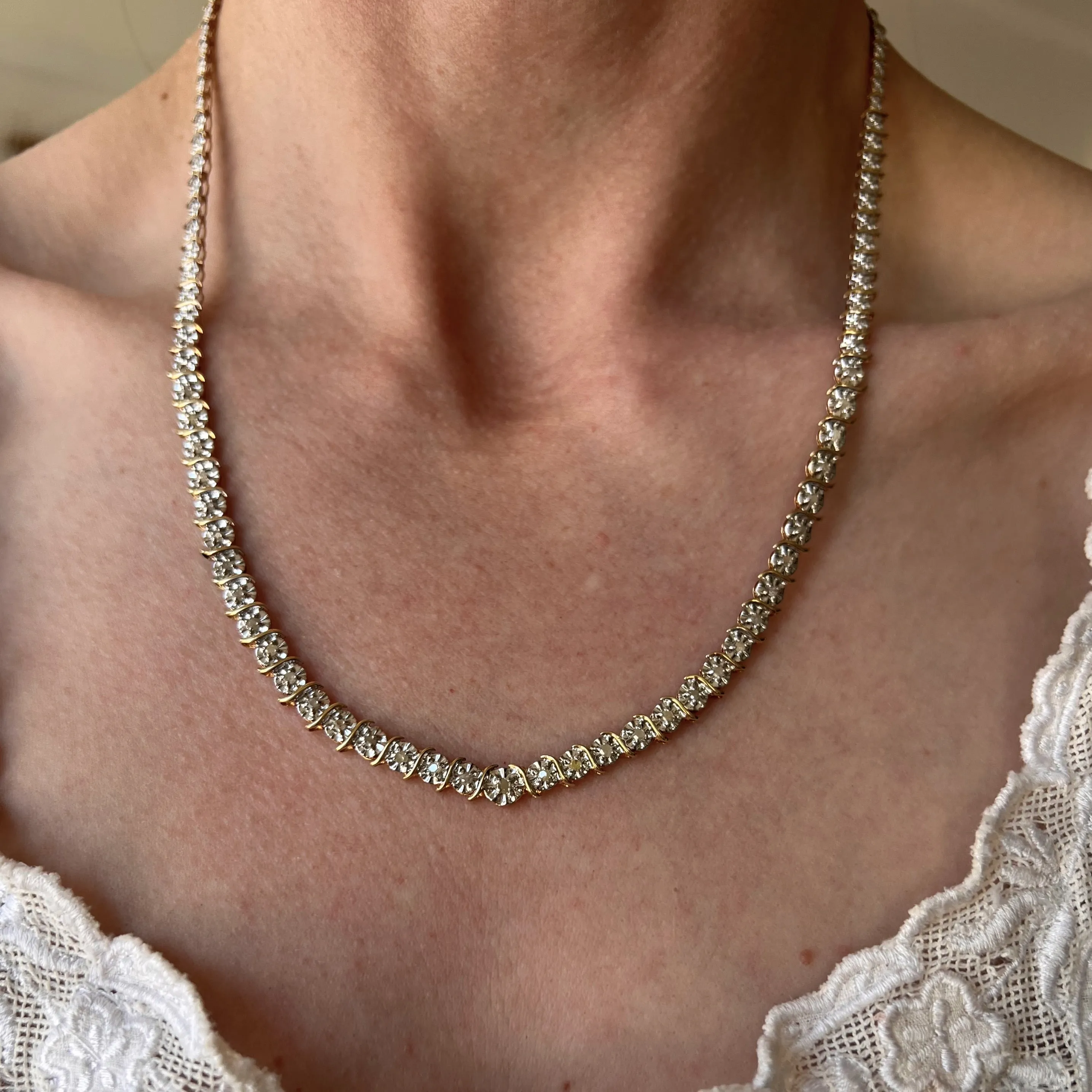 P R E - L O V E D // daisy book chain / 10k yellow and white gold diamond tennis necklace / 19.5, 15g