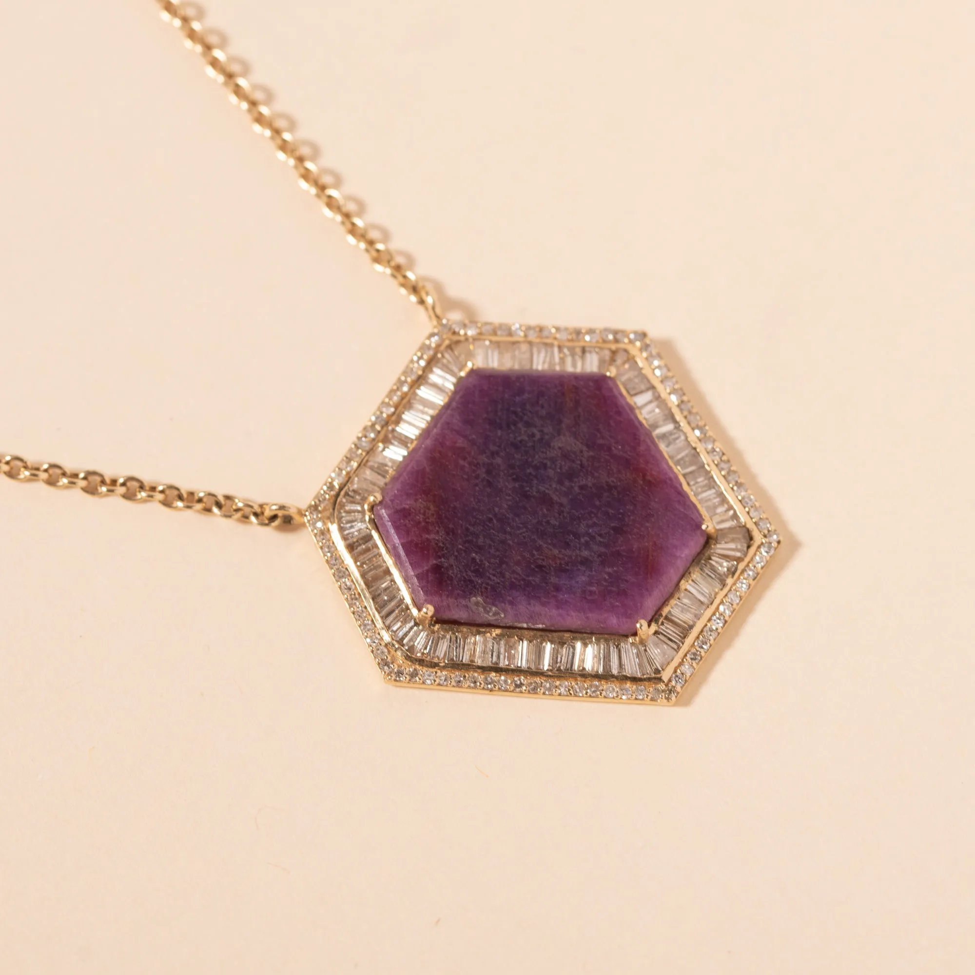 Raw Ruby Slice Baguette Diamond Halo Necklace