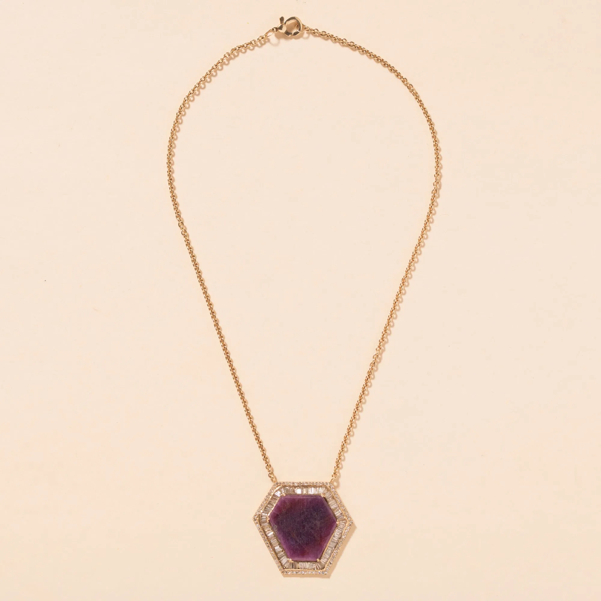 Raw Ruby Slice Baguette Diamond Halo Necklace