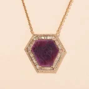 Raw Ruby Slice Baguette Diamond Halo Necklace