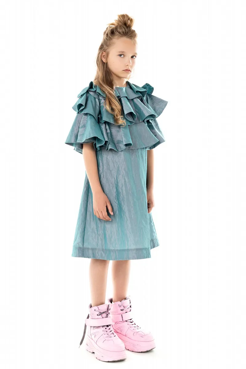 RUFFLE YOKE TURQUOISE DRESS