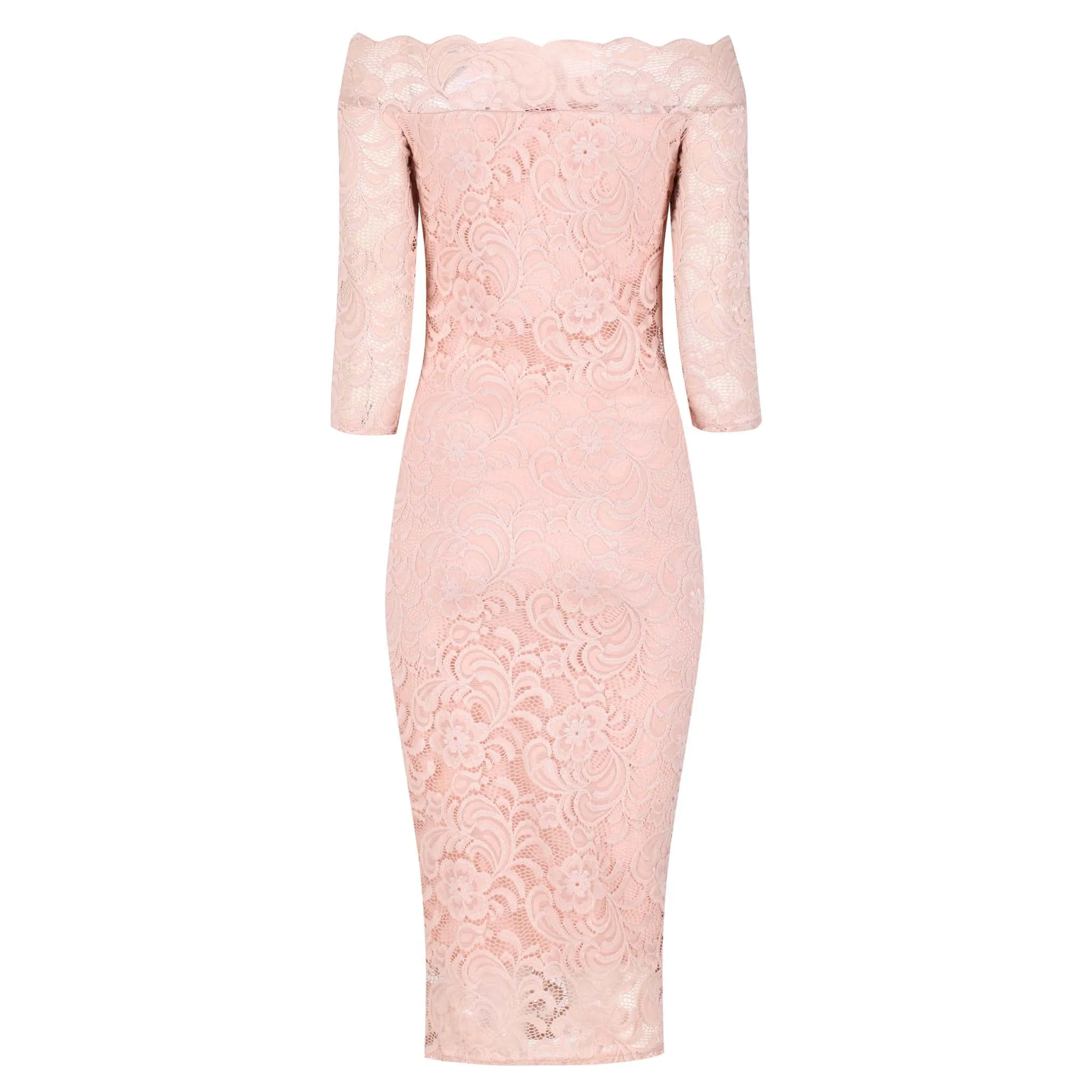 Salmon Pink Lace 3/4 Sleeve Vintage Bodycon Bridesmaid Wiggle Dress