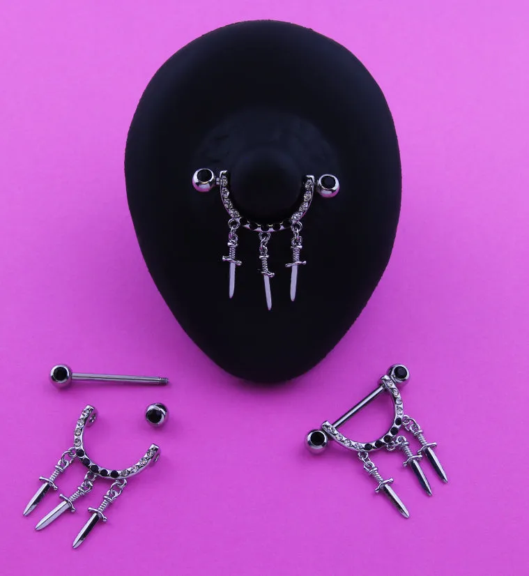 Triple Dagger Dangle Black CZ Stainless Steel Nipple Barbell