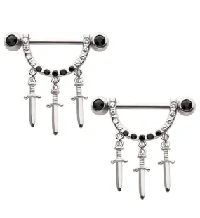 Triple Dagger Dangle Black CZ Stainless Steel Nipple Barbell