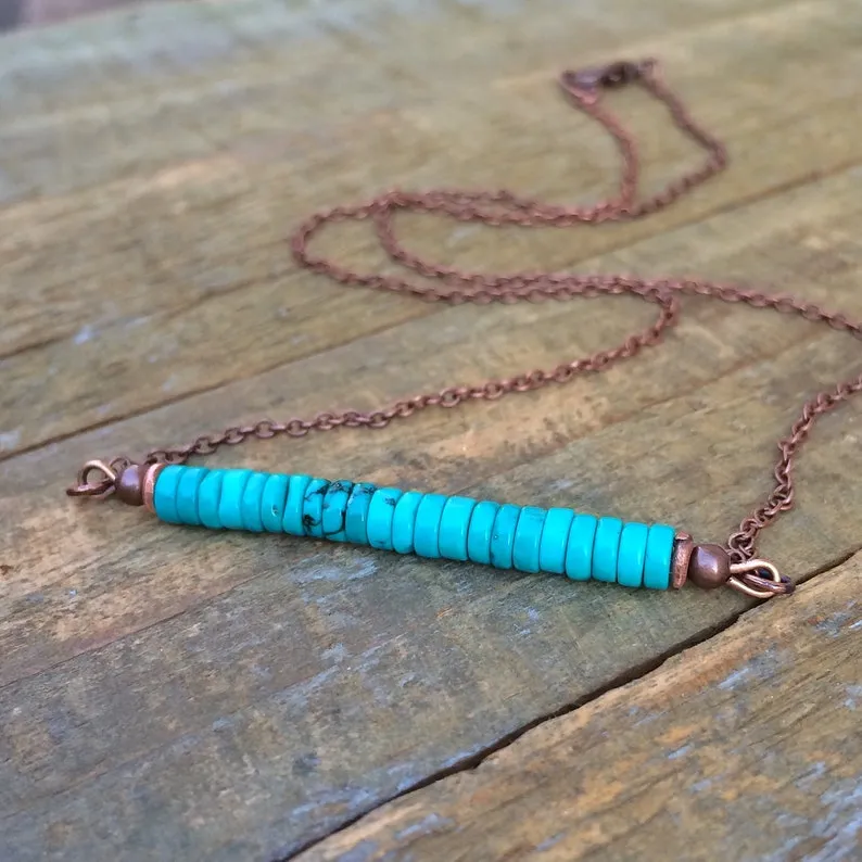 Turquoise Bar Pendant with Antiqued Copper Chain